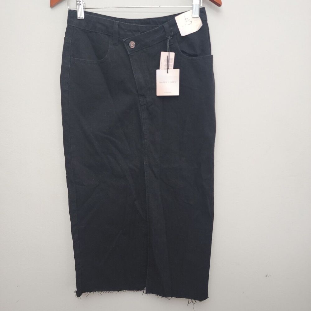 HAPPILY GREY Black Denim Jean Front Slit Maxi Skirt Raw Hem Sz‎ 5 Streetwear